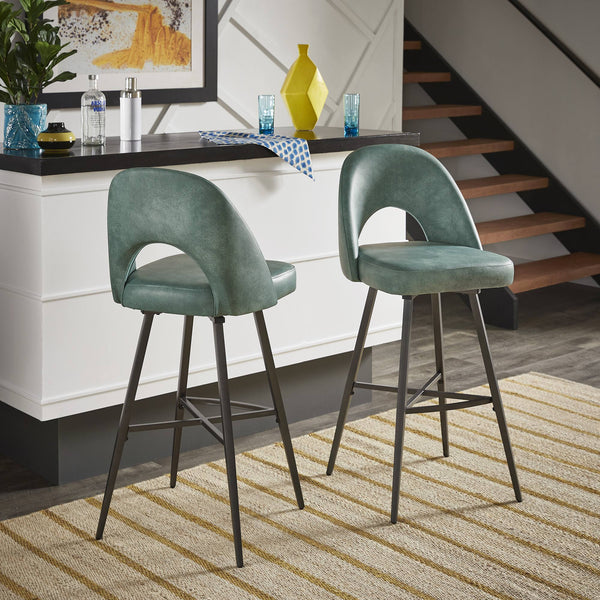 Kryston Swivel Barstools Set of 2 Upholstered Mid-century Iron Legs Kitchen Seating
