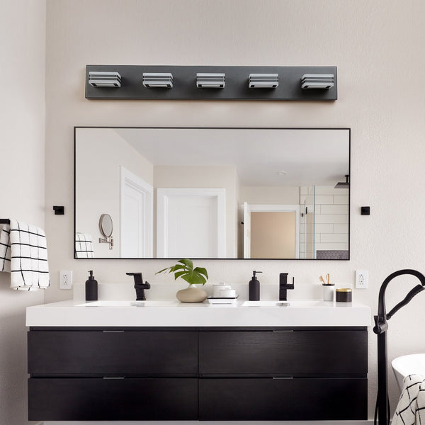 English Elm 32" Modern 5-Light LED Vanity Light with Square Acrylic Shades, Moisture-Resistant Metal Frame for Bathroom Mirror Black W2312P374872
