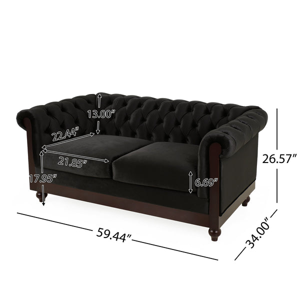 English Elm Christopher Knight Home® - VIVALUX Chesterfield Velvet Loveseat Sofa with Rolled Arms Tufted Buttons Plush 2-Seater Comfort 59.4" Black N762P178705B