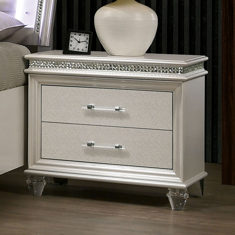 English Elm Crystal Glam Mirror Nightstand with 2 Drawers in Pearl White — Acrylic Legs, Crystal Accents, Modern Luxury B016P251600