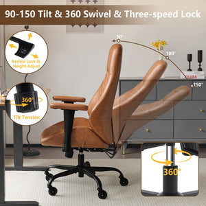 English Elm Leather Executive Desk Chair with Lumbar Support Flip Armrests and Swivel Base T5339P435829