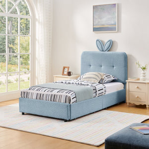 English Elm Twin Kids Boucle Upholstered Bed Rabbit Ear Headboard Led Lighting Four Storage Drawers Navy W1413P384922