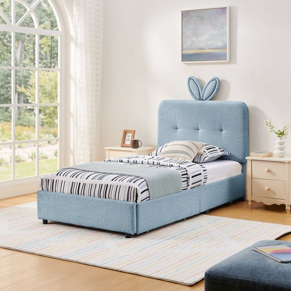 English Elm Twin Kids Boucle Upholstered Bed Rabbit Ear Headboard Led Lighting Four Storage Drawers Navy W1413P384922