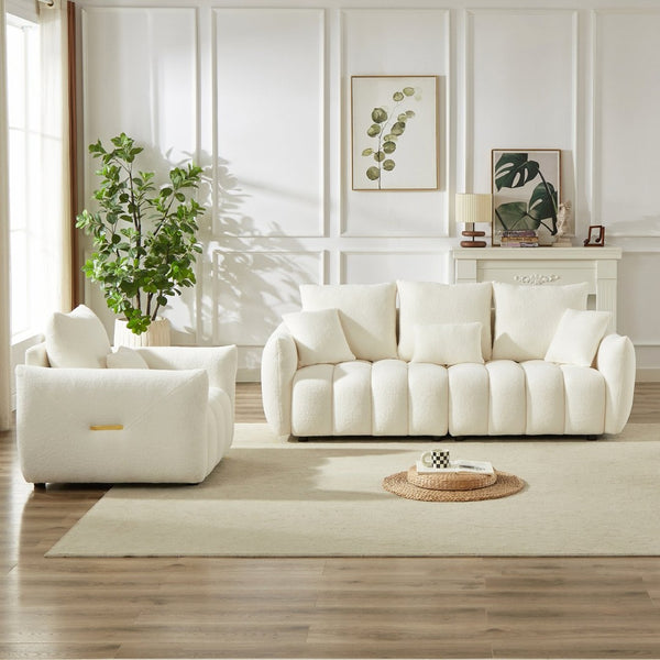 English Elm 3 Plus 1 Seater Teddy Fleece Sofa Set Wooden Frame Foam Spring Living Room Pair Beige W1193S00189