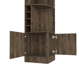 English Elm Seattle Corner Bar Cabinet with 8 Bottle Cubbies, Glass Racks & 2 Open Display Shelves — Modern Elegance B128P176131