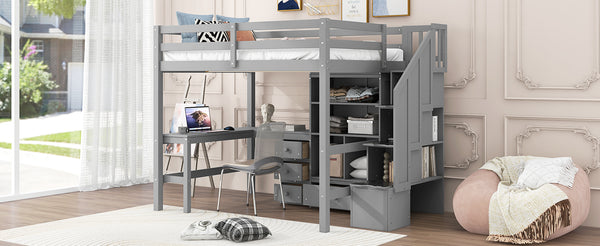 English Elm Full Full Size Loft Bed with L-Shaped Desk, Drawers, Cabinet and Staircase Storage for Space-Saving Rooms Gray GX000469AAE