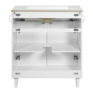English Elm 30" Rattan Front Bathroom Vanity Solid Pine Cabinet with Ceramic Sink and Adjustable Shelf White N710P293988K