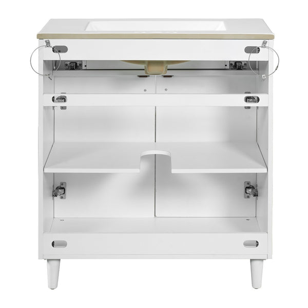 English Elm 30" Rattan Front Bathroom Vanity Solid Pine Cabinet with Ceramic Sink and Adjustable Shelf White N710P293988K