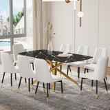 Hearth and Haven Large Modern Minimalist Rectangular Dining Table with 0.39 "Imitation Marble Black Tabletop and Golden Metal Legs, Paired with Chairs with Leatherette Cushions and Black Metal Legs. F-1537 C-007 W1151S00878 W1151S00878