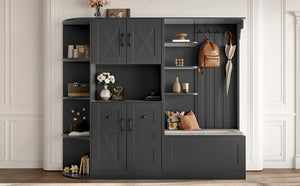 English Elm Multifunctional Modular Hall Tree Cabinet with Open Shelves and Hooks for Entryway Black W1580S00566