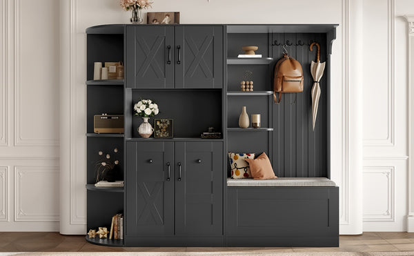 English Elm Multifunctional Modular Hall Tree Cabinet with Open Shelves and Hooks for Entryway Black W1580S00566