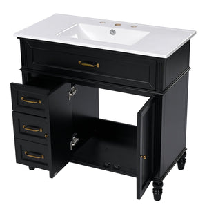 English Elm 36" Modern Bathroom Vanity with Ceramic Sink, Solid Wood + MDF Frame, Sleek Freestanding Design Black N725P195410B
