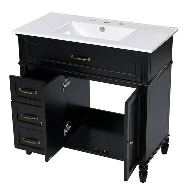 English Elm 36" Modern Bathroom Vanity with Ceramic Sink, Solid Wood + MDF Frame, Sleek Freestanding Design Black N725P195410B