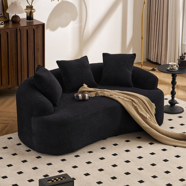 English Elm LY-025S Black Curved Loveseat — Chenille Velvet, 30D Foam & Spring Comfort, No Assembly, 65" Compact Sofa with 3 Pillows W2231P329643