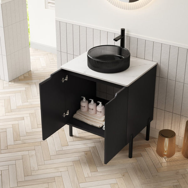 English Elm Dina Floating Bathroom Vanity with Sintered Stone Top and Crystal Glass Basin W2615S00661