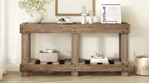 English Elm U_Style 62.9" Vintage Console Table - Solid Fir Wood, Antique Metal Rivets & Under-Shelf Storage Option N711P289135O-GIGA