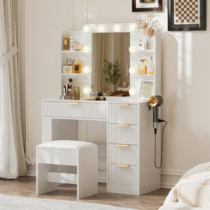 English Elm Vanity Desk Set with Led Mirror Charging Station Five Drawers and Cushioned Stool White T3773P416291