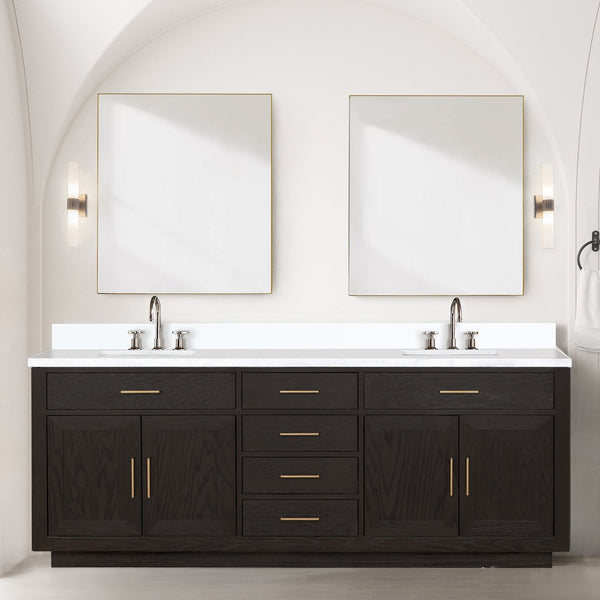 English Elm Brown Oak Double Bath Vanity With White Quartz Top, Faucet Set & Ample Storage For Modern Spaces B2731P257857
