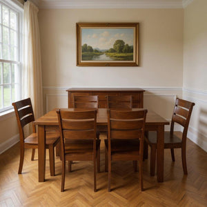 HomeRoots Seven-Piece Brown Solid Wood Dining Set with Six Elegant Ladder-Back Chairs for Timeless Style 635146
