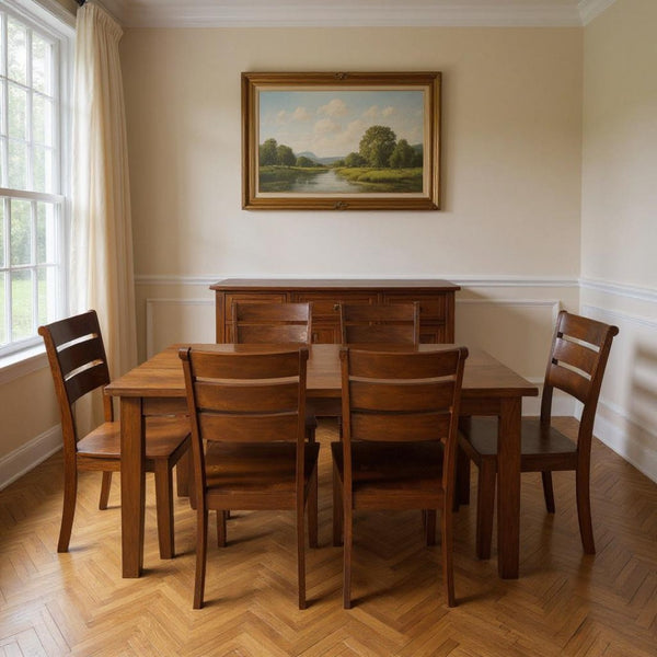 HomeRoots Seven-Piece Brown Solid Wood Dining Set with Six Elegant Ladder-Back Chairs for Timeless Style 635146