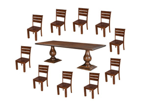 HomeRoots 11 Piece Solid Wood Dining Set - Timeless Brown Table with 10 Ladder-Back Chairs for Gatherings 635148