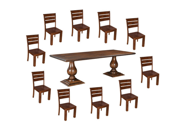 HomeRoots 11 Piece Solid Wood Dining Set - Timeless Brown Table with 10 Ladder-Back Chairs for Gatherings 635148