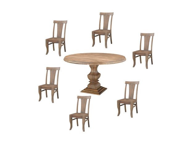 HomeRoots Seven-Piece Brown Round Solid Wood Dining Set with Six Slat-Back Chairs for Timeless Elegance 635149