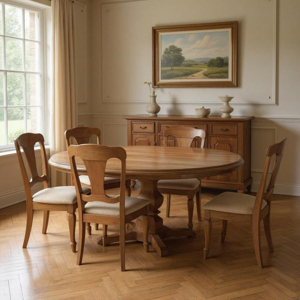 HomeRoots Seven-Piece Brown Round Solid Wood Dining Set with Six Slat-Back Chairs for Timeless Elegance 635149