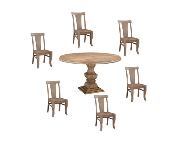 HomeRoots Seven-Piece Brown Round Solid Wood Dining Set with Six Slat-Back Chairs for Timeless Elegance 635149