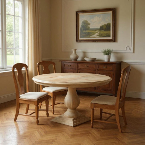 HomeRoots Five Piece Beige Round Solid Wood Dining Set with Ladder-Back Chairs for Elegant Entertaining 635150