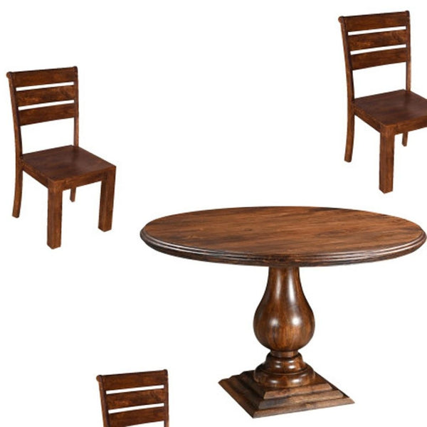 HomeRoots Five Piece Brown Round Solid Wood Dining Set with 4 Charming Ladder-Back Chairs for Cozy Meals 635151