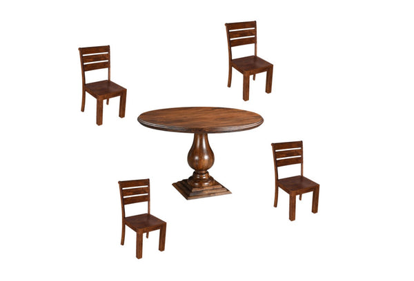 HomeRoots Five Piece Brown Round Solid Wood Dining Set with 4 Charming Ladder-Back Chairs for Cozy Meals 635151