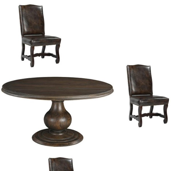 HomeRoots Five-Piece Brown Round Solid Wood Dining Set with Four Stylish Chairs for Cozy Gatherings 635152
