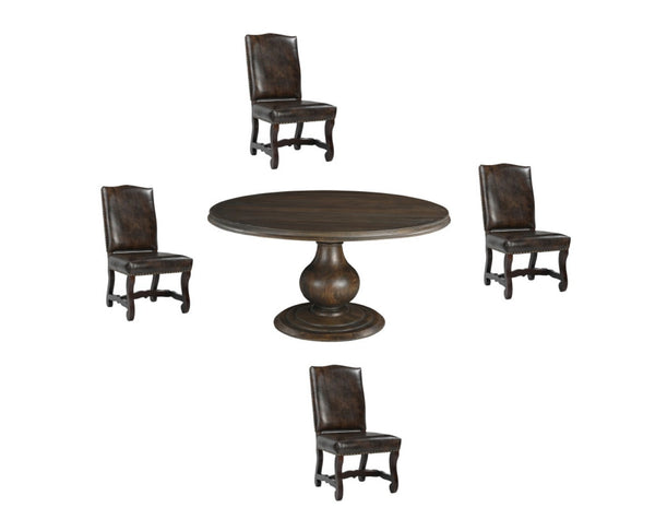 HomeRoots Five-Piece Brown Round Solid Wood Dining Set with Four Stylish Chairs for Cozy Gatherings 635152