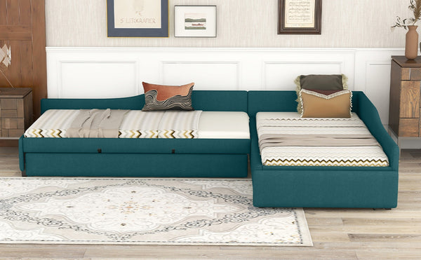 English Elm Upholstered Twin Daybed with Pull Out Trundle Linen Blend Sofa Style Studio Bed Green GX001316AAF