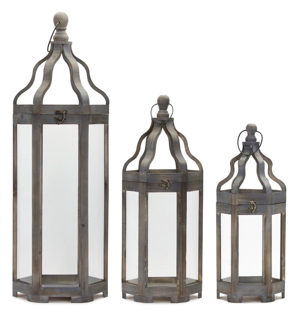 HomeRoots Set of Three Decorative Geometric Floor Lanterns – Distressed Gray and Brown Candle Holders 635225