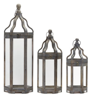 HomeRoots Set of Three Decorative Geometric Floor Lanterns – Distressed Gray and Brown Candle Holders 635225