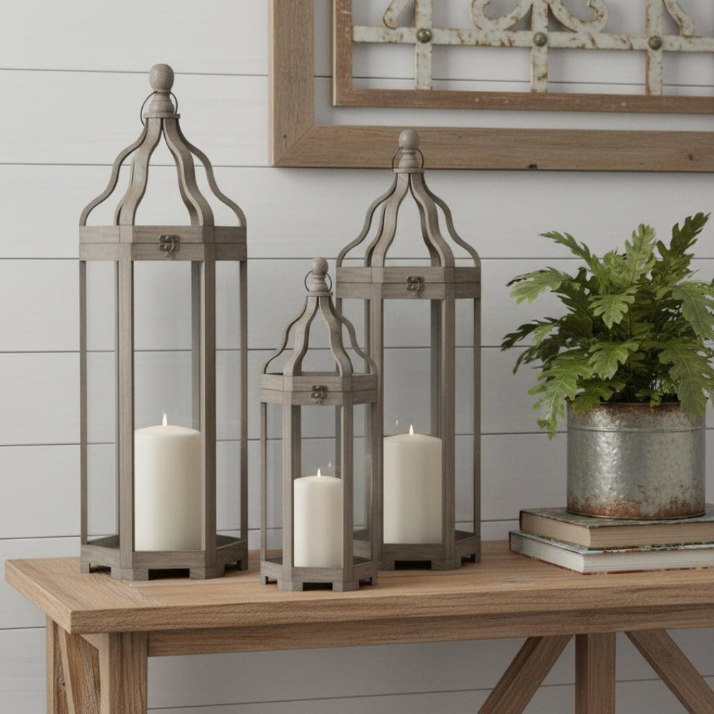 HomeRoots Set of Three Decorative Geometric Floor Lanterns – Distressed Gray and Brown Candle Holders 635225