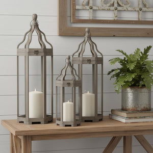 HomeRoots Set of Three Decorative Geometric Floor Lanterns – Distressed Gray and Brown Candle Holders 635225