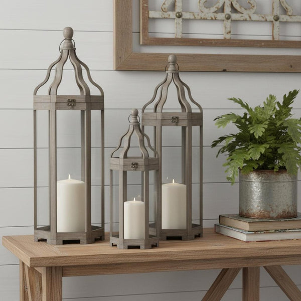 HomeRoots Set of Three Decorative Geometric Floor Lanterns – Distressed Gray and Brown Candle Holders 635225