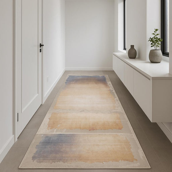 HomeRoots 18' Stylish Blue and Beige Abstract Runner Rug - Stain-Resistant, Modern Design for Hallways & More 635230