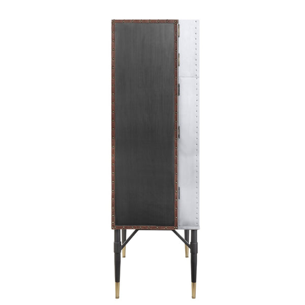 English Elm Yoela Leather Trim Wine Cabinet with Nailhead Detail and Four Door Bar Storage B2726P457655