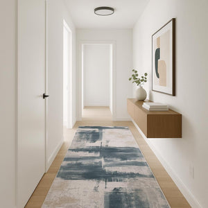 HomeRoots 12' Blue and Beige Abstract Runner Rug - Modern Design, Soft Comfort, Stain-Resistant for High-Traffic Areas 635329