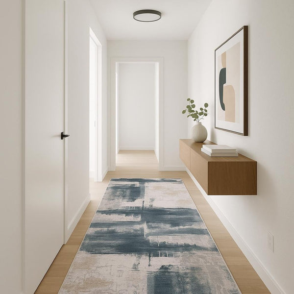 HomeRoots 12' Blue and Beige Abstract Runner Rug - Modern Design, Soft Comfort, Stain-Resistant for High-Traffic Areas 635329
