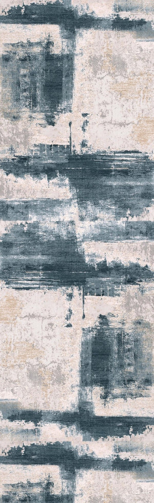 HomeRoots 12' Blue and Beige Abstract Runner Rug - Modern Design, Soft Comfort, Stain-Resistant for High-Traffic Areas 635329