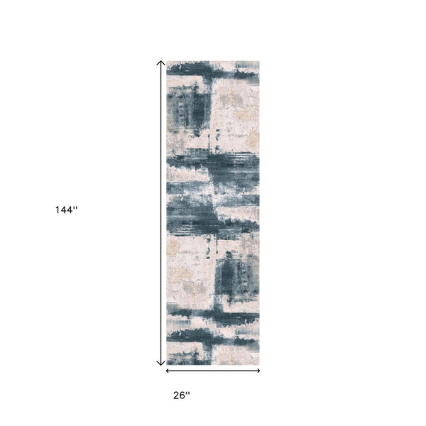 HomeRoots 12' Blue and Beige Abstract Runner Rug - Modern Design, Soft Comfort, Stain-Resistant for High-Traffic Areas 635329