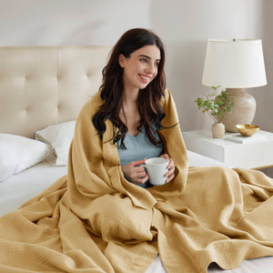 JLA Home Madison Park - Blanket — Ultra-Soft Egyptian Cotton Throw for Bed or Sofa, Breathable, Durable, Machine-Washable, Timeless Cozy Style Mustard MP51N-8850