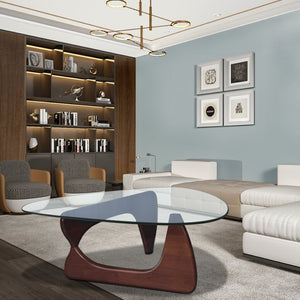 HomeRoots 54" Clear Glass and Walnut Triangle Coffee Table - Modern Abstract Design for Any Room's Style 635428