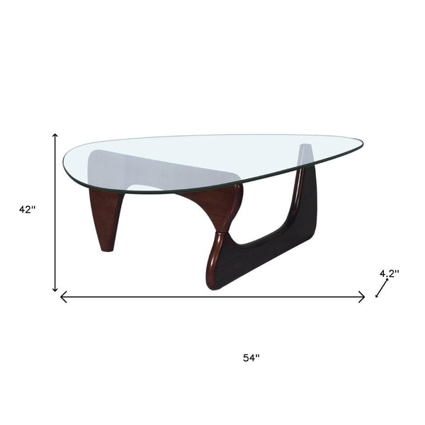 HomeRoots 54" Clear Glass and Walnut Triangle Coffee Table - Modern Abstract Design for Any Room's Style 635428