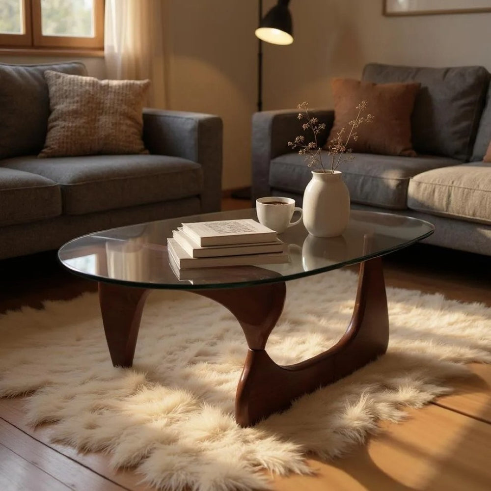 HomeRoots 54" Clear Glass and Walnut Triangle Coffee Table - Modern Abstract Design for Any Room's Style 635428